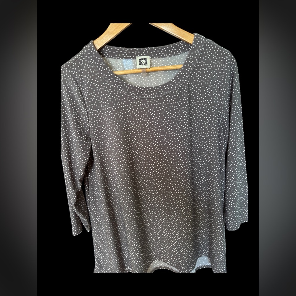 Anne Klein Gray Dot Scoop Neck Long Sleeve Top